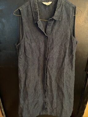 Garnet Hill Sleeveless Button-Front Linen Dress in Navy Cottagecore New England